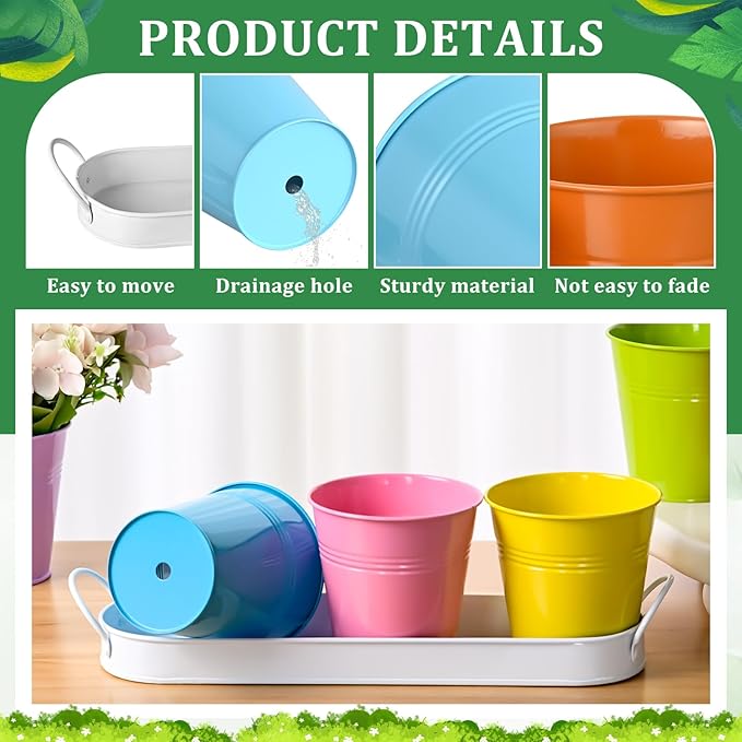 Indoor Herb Garden Set of 6 Metal Herb Planter Windowsill Plant Pots with Tray Drainage Holes for Outdoor Or Indoor Plants (Multicolor)
