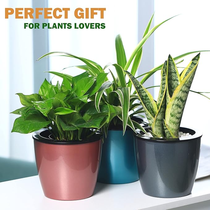 Planterhoma 6.7 Inch Self Watering Pots for Indoor Plants, 6 Packs African Violet Pots, Black Wick Pot with Drainage Holes, Self Watering Planters for Orchid, Devil's Ivy, Silver/Rose Gold