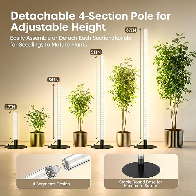 360° Grow Lights for Indoor Plants with Stand, Full Spectrum LED Plant Light with Remote, Adjustable Height up to 67''/5.4FT, Wide Illumination Grow Lamp with On/Off Switch and Round Stand