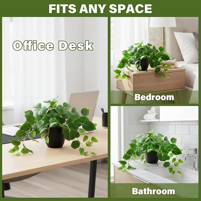 Tiita 2 Pack Fake Plants Artificial Scindapsus Aureus in Pots, Realistic Fake Greenery Potted Plants for Home Office Desk Window Sill Bathroom Bedroom Outdoor Indoor