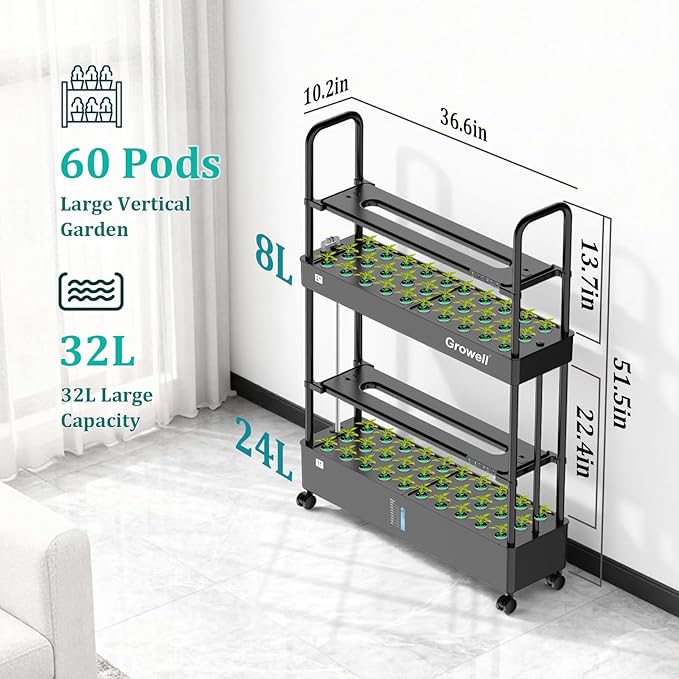 Growell 60-Pod Hydroponics Growing System, Large Vertical Hydroponic Garden with Smart Full-Spectrum Grow Lights, Auto Circulating Water, Mobile Indoor Gardening System for Herbs, Vegetables & Fruits