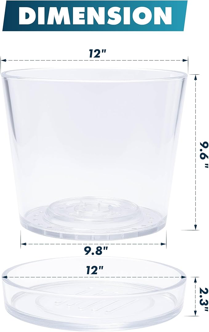 Phoenix Vine 12 Inch Clear Acrylic Planter Pot with Tray, Orchid Pot with Drainage Holes, Deep Saucer for Bottom Watering, Transparent Containers for Indoor Plants, Herbs, Set of 1, 91-A-I-1