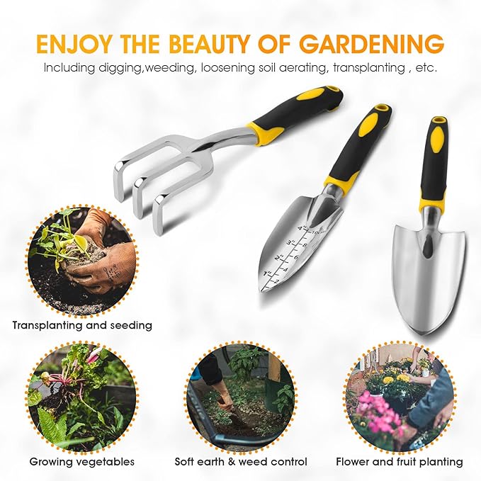 iPower Garden Tool Set, 3 Piece Aluminum Heavy Duty Gardening Tools Include Hand Trowel, Transplant Trowel and Hand Rake, Rubberized Non-Slip Handle, Garden Gifts for Women and Men