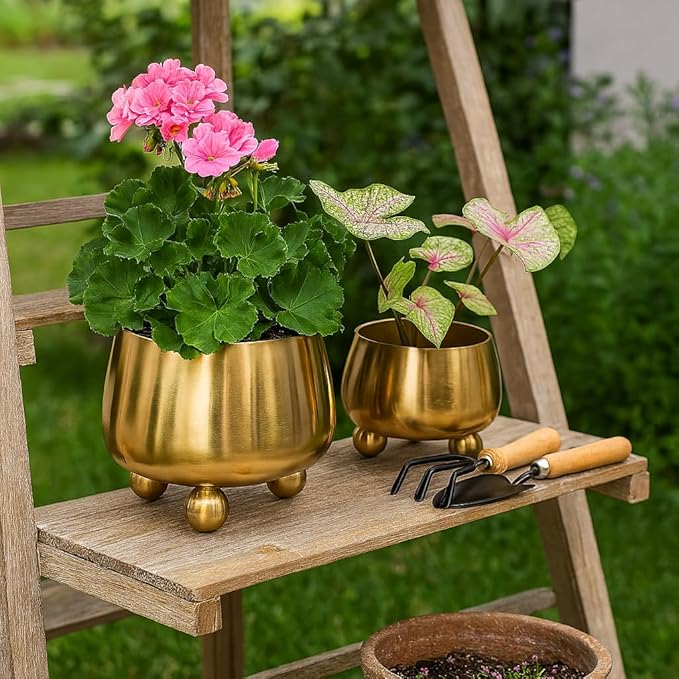 Flower Pots and Planters for Home Decor – Modern Plant Pots for Indoor and Outdoor Succulents, Herbs, and Ferns – Pots for Indoor Plant Stand Ideal for Garden, Patio, or Room Set of 2 – 9", 7" Gold