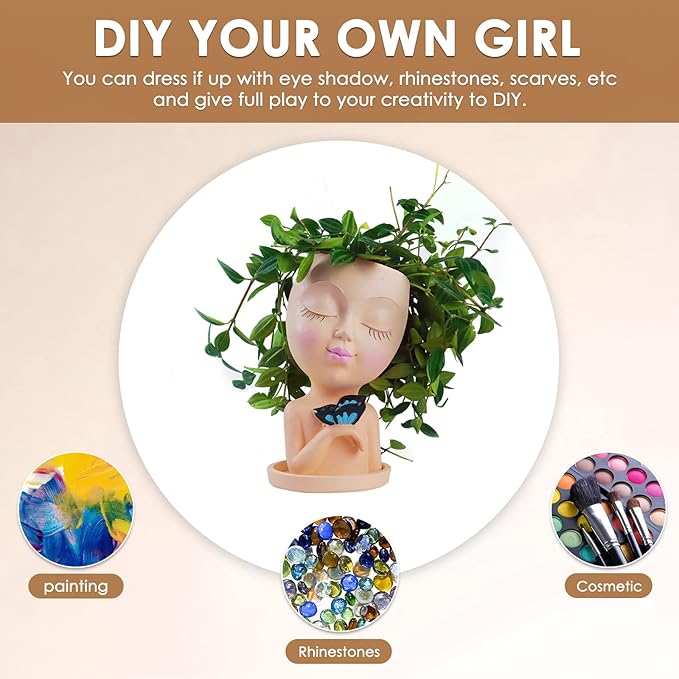 WEWEOW Face Planters for Outdoor Plants, Resin Succulent Pots with Drainage Hole Cute Lady Face Flower Pots