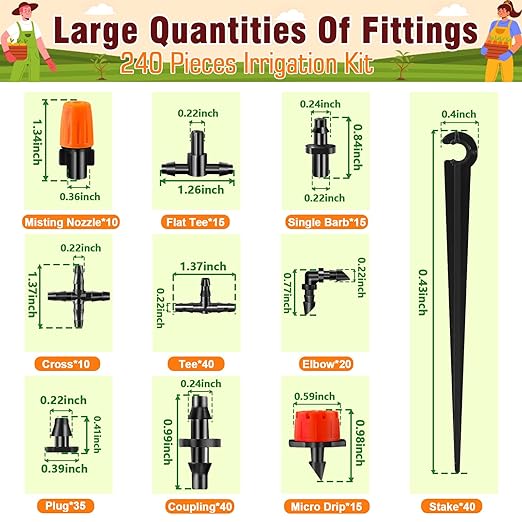 240-Piece Drip Irrigation Fittings Kit for 1/4" Tubing, Complete Set of Drip Barbed Connectors (Nozzle, Micro Dripper, Nozzle Tee, Single Barb, Coupling, Tee, Elbow, Plug, Cross, Stake)