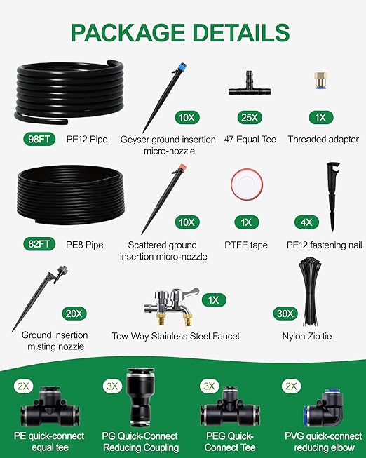 180FT Drip Irrigation System Kit, Automatic Garden Watering System with 1/2” & 1/3” Tubing, Adjustable Nozzle Emitters for Garden, Greenhouse, Lawn, Potted Plants
