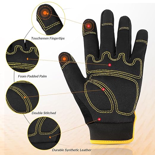 JUMPHIGH Mens Work Gloves 2 Pairs, Synthetic Leather Mechanic Gloves, Touchscreen, Multipurpose, Garden, Construction, Warehouse, Truck Driving (L)