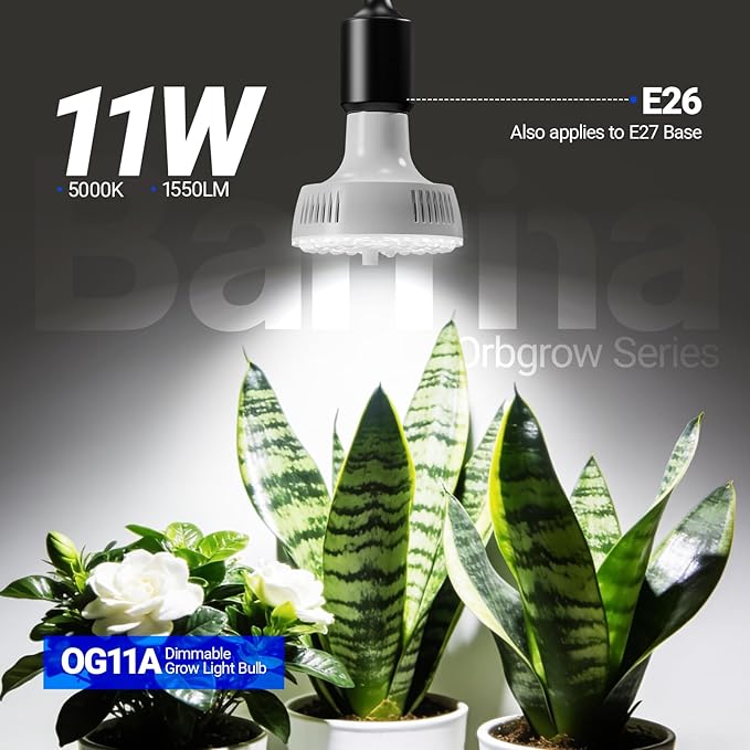 Barrina Orbgrow OG11A Grow Light Bulbs for Indoor Plants, Integrated Dimming & Timing, 5000K 11W(100 Watt Equiv), E26 Plant Light Bulb, Full Spectrum, High PPFD for Seeds and Greens, 1 Pack, White