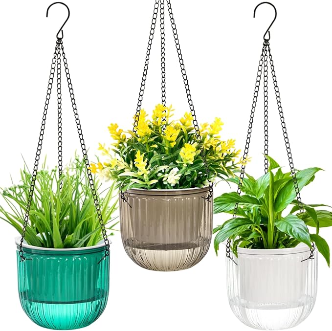 Pumtus 3 Pack Self Watering Hanging Planters, 6.5 Inch Hanging Flower Pot with Drainage Hole, Plastic Hanging Basket with 3 Hooks Chains, Plant Hanger for Indoor Outdoor Plants, Herbs (3 Colors)