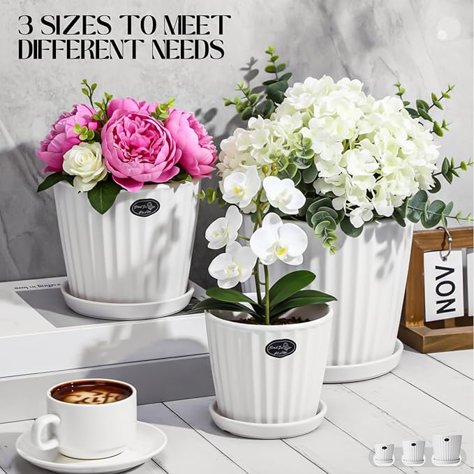 3 Pcs Ceramic Plant Pots 7.3/6/4.7 Inch Ceramic Flower Pot with Drainage Hole and Saucer Decorative Planter Indoor Outdoor for Gardening Home Desktop Office Windowsill Decoration Gift(White)