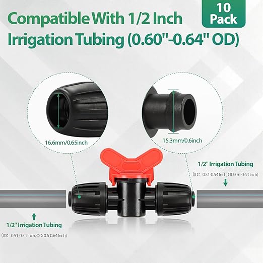 RedChili 10 Pcs 1/2 Inch Irrigation Tubing Shut Off Valve Fittings, (1/2" ID x0.6-0.65" OD) 16mm Drip Tubing Barbed Locked Nuts Connectors Anti-Drop 1/2" Inline Valve Parts for Garden Drip System