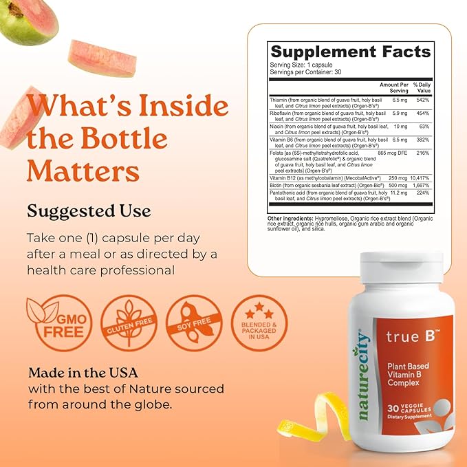 NatureCity True-B Plant-Based Super B Vitamin Complex Supplement |Made from Certified Organic Whole Food Plant Sources with Active Folate and Vitamin B12 - (30 Veggie Capsules)