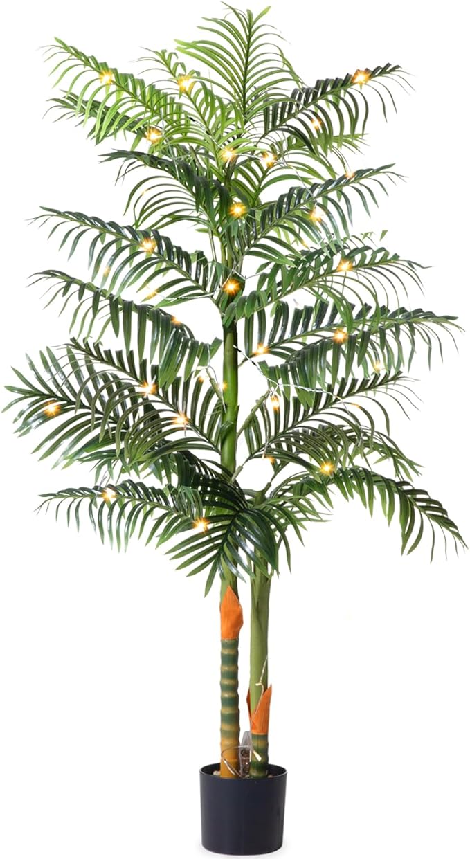 6FT Artificial Palm Tree Tall Plant with Planter & Moss, Realistic 2-Trunk Artificial Tree with Lights, Lifelike Leaves Fake Palm Tree, Low Maintenance Palm Tree Decor for Home Office Living Room