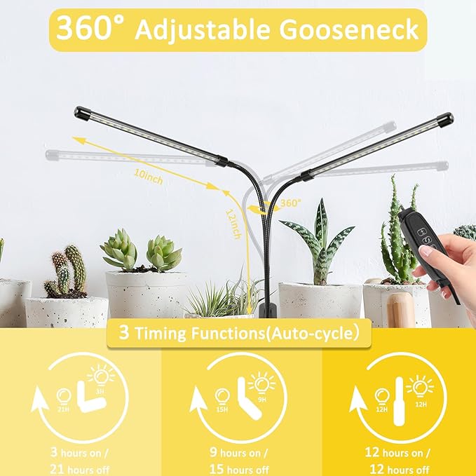 2 Head Grow Lights for Indoor Plants, 6000K Full Spectrum Grow Light for Flowers, Fruits, Vegetables, Auto On Off Timing, 9 Dimming, 360 Degree Adjustable Plant Lights, 1 Pack