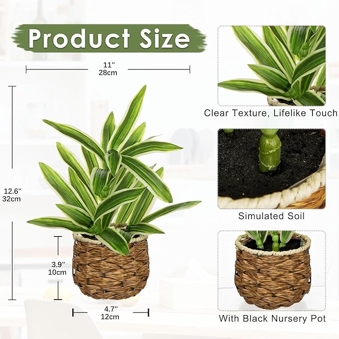 Fake Plants Dracaena Artificial Plant Realistic Faux Plants in Woven Pot Small Indoor Plants Fake Potted Plants 12.6" Artificial Decor for Home Living Room Bathroom Office House Table Desk Shelf