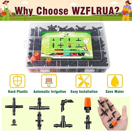 250-Piece Drip Irrigation Fittings Kit for 1/4" Tubing, Complete Set of Barbed Connectors for Drip System Setup (Nozzles, Nozzle Tees, Single Barbs, Couplings, Tees, Elbows, Plugs, Crosses)