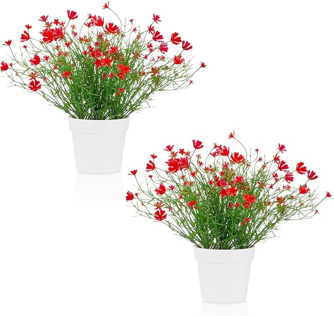 Artificial Babys Breath Potted Fake Plants with Flowers Faux Plants Indoor for Home Office Bookshelf Table Room Decor, Red (Pack of 2)