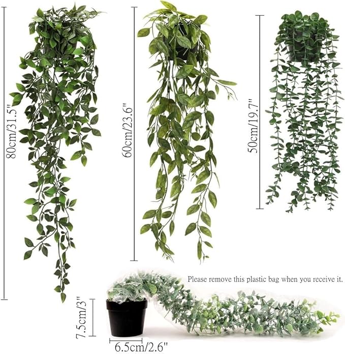 Artificial Hanging Plants, 3 Pack Faux Eucalyptus Mandala Vine Pea Pod Potted Greenery, UV Resistant Waterproof for Indoor Outdoor Garden Wall Wedding Decor
