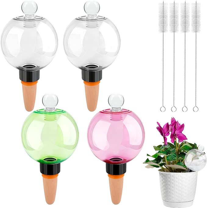 4pcs Plant Watering Globes with 4 Cleaning Brushes, Colorful Self Watering Bulbs (2 White, 1 Green, 1 Pink), Slow Release Water Spikes, Automatic Plant Watering Devices for Indoor Plants