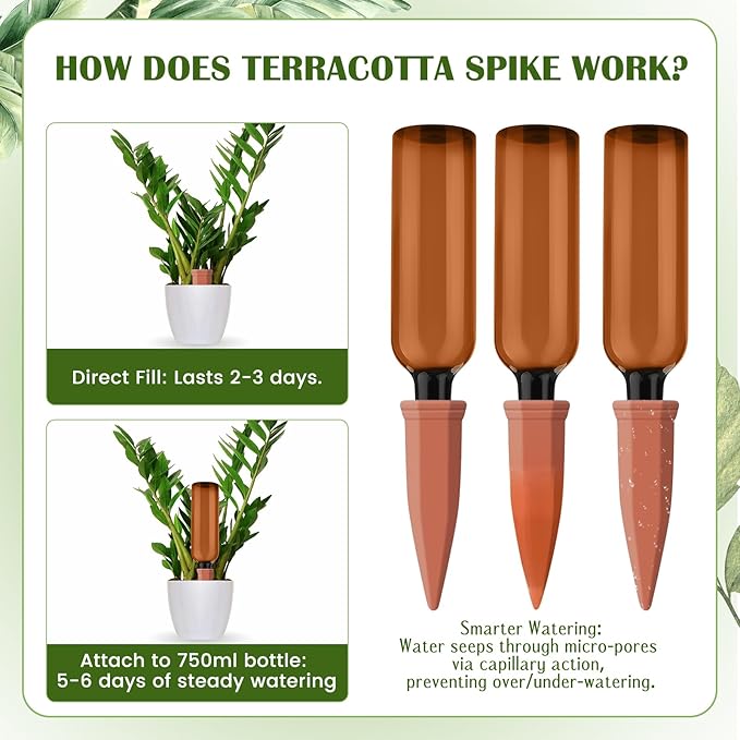12 Pcs Self Watering Spikes for Plants Terracotta Automatic Plant Waterer Stakes with(25.5 Oz) Plastic Bottles, 6 Set Self Watering Globes Keep Plants Watered for 7-9 Days (Brown)