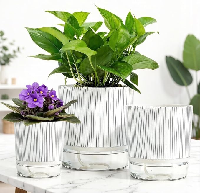 3 Pack 4.3+5.5+6.3 Inch Self Watering Pots Set, Self Watering Planter with Reservoir and Wick Rope for Indoor/Outdoor Plants, Modern Houseplants Pots for African Violets,Cactus,Succulents