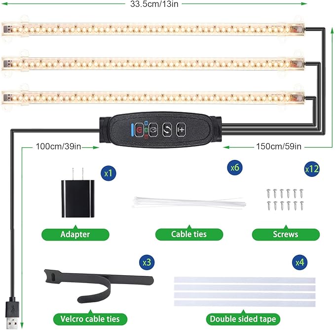 RWNTAO 13 Inches LED Grow Light Strips for Plant Shelf, 3500K Full Spectrum Plant Growing Lights for Indoor Plants, 144 LEDs Plant Lamp with 10 Dimmable Levels and 3/9/12H Timer, 3 Head