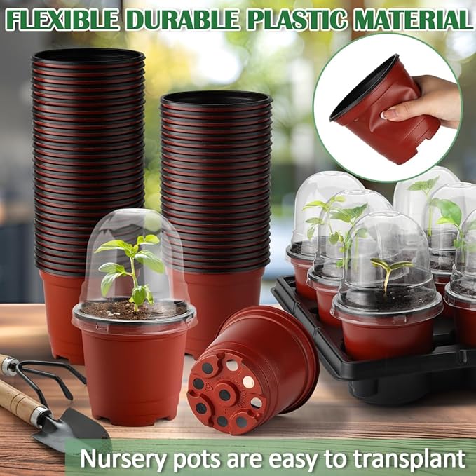 RooTrimmer 4 Inch 60 Pack Nursery Pots with Humidity Domes & 5 Pack 12 Cell Round Seedling Pot Carrying Trays, Sturdy Seeds Starter Pot Germination Set, Small Planter Nursery Propagation 5 Sets