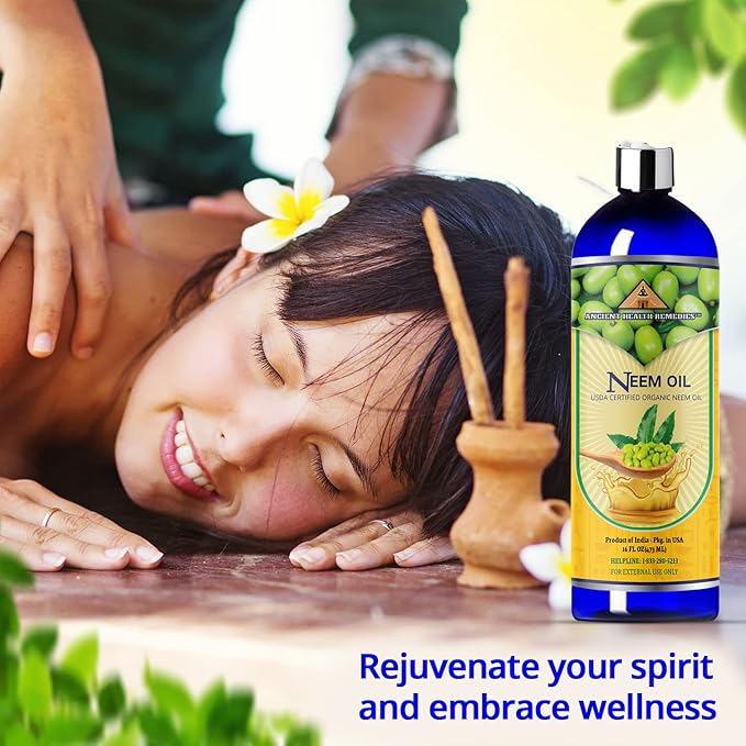 Cold-Pressed Unrefined USDA Certified Organic Neem Oil by Ancient Health Remedies Pure & All Natural-Excellent Bulk Carrier Oil For Anti-aging, Healthy Hair & Skin (INDIA) (16 oz)