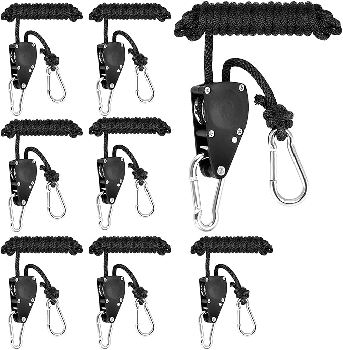 4 Pair 1/4 Inch 8 Feet Long Adjustable Rope Clip Hanger, Grow Light Ratchet Hanger with Reinforced Internal Metal Gears for Hanging, 150lb Bearing Capacity Per