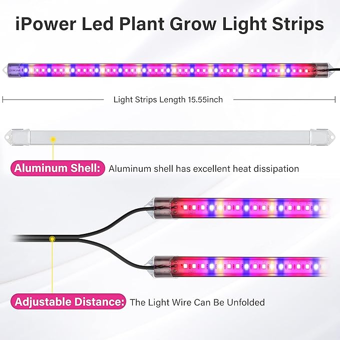 iPower 20W LED Plant Grow Light Strips Full Spectrum for Indoor Plants with Auto ON/Off 3/9/12H Timer, 10 Dimmable Levels 48 LEDs Per Tude, for Hydroponics Succulent, 2 Tubes*2, Mix
