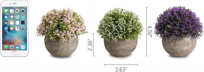 Opps Mini Artificial Plants Plastic Fake Green Colorful Flower Topiary Shrubs with Gray Pot for Home Décor – Set of 3