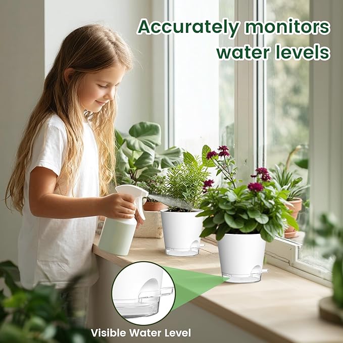 Meowell 6 inch Self Watering Pots for Indoor Outdoor Plants, 6 Pack Flower Plant Pots with Drainage Holes and Clear Reservoirs, Visible Water Level, Plastic Planters with Wicking Rope, White