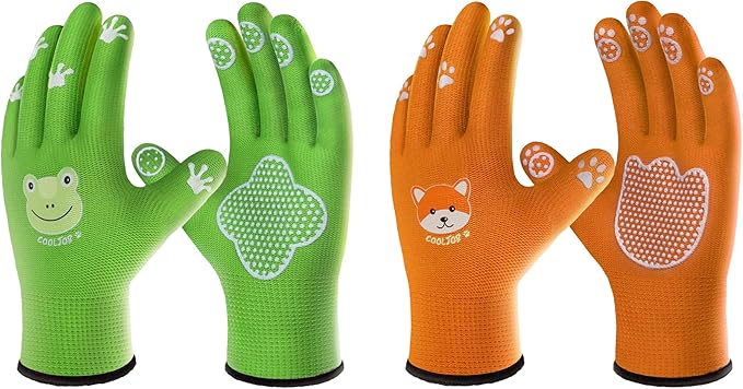 COOLJOB Breathable Toddler Work Gloves for Gardening Boy Girl Ages 6-9 Large, Nylon Kids Garden Gloves with Grip, Children Yard Gloves for Digging Weeding Landscaping, Green & Orange, 2 Pairs