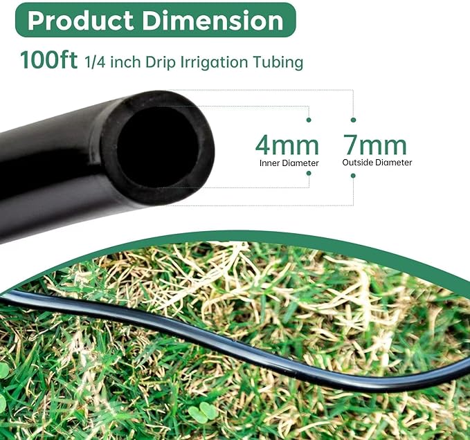 Maotong 100FT 1/4 inch Drip Irrigation Tubing Distribution Hose Tube for Garden Irrigation System (Includes 1 pack 6-Way Connector and 20pcs 1/4" Tee Splitters and End Plugs)