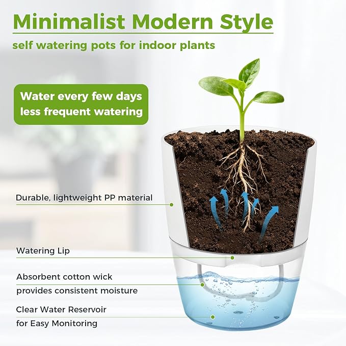 6 Pack Self Watering Pots for Indoor Plants, PlanterHoma 3.2/4/6 Inch Plant Pot Plastic Self Watering Planter for Orchid, African Violet, Small Clear Flower Pots with Drainage Holes and Wicking, White