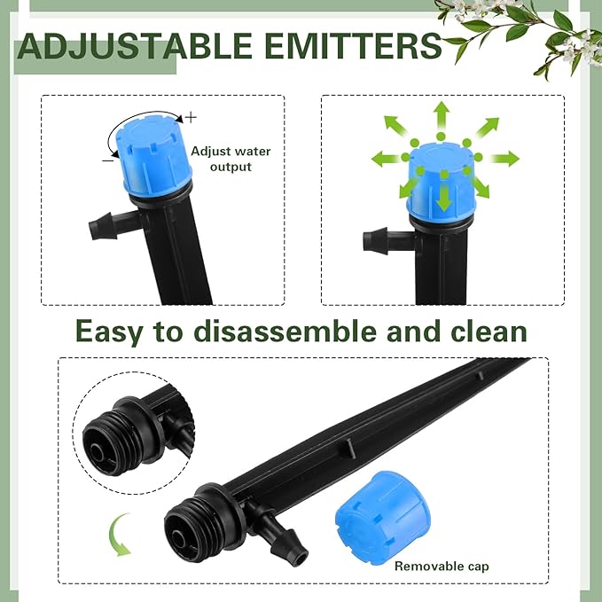 Rossesay 200 Pcs Drip Irrigation Kit for 1/4" Tubing Include 100 Drip Irrigation Emitter Adjustable Fan Shape Drip Irrigation Parts and 100 Barbed Tee Fittings Barbed Connectors for Garden Lawn Patio