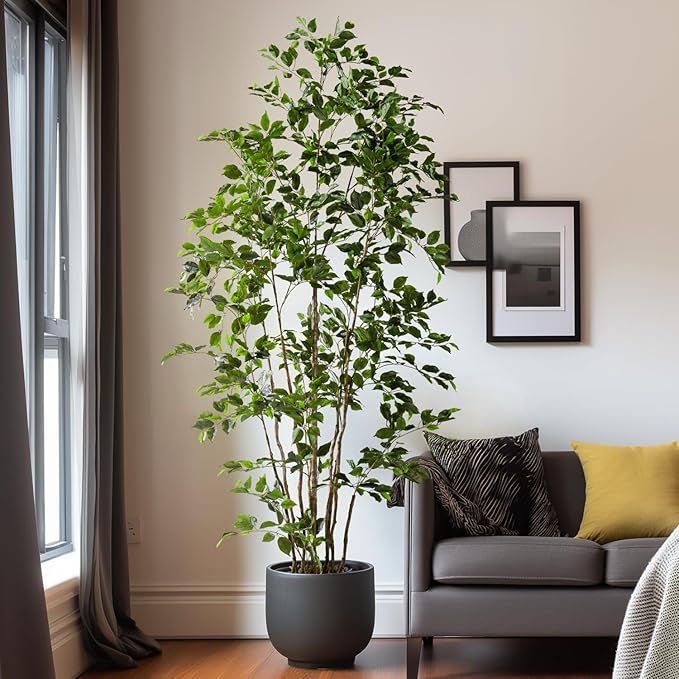 Bailikang Artificial Ficus Tree Indoor 8ft, Large Potted Faux Tree with Realistic Silk Leaves & Trunk for Home Office, Living Room Corner Decor