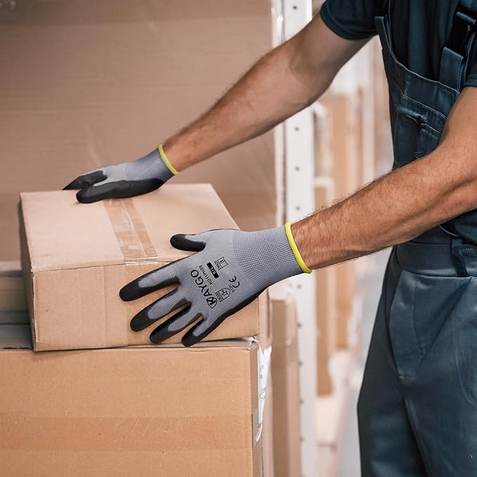 KAYGO Work Gloves for Men and Women,12 Pairs Seamless Knit PU Coated Safety Gloves, with Smooth Grip on Palm and Fingers, Ideal for Light Warehouse, Manufacturing, Gardening, KG11P (M,Gray)