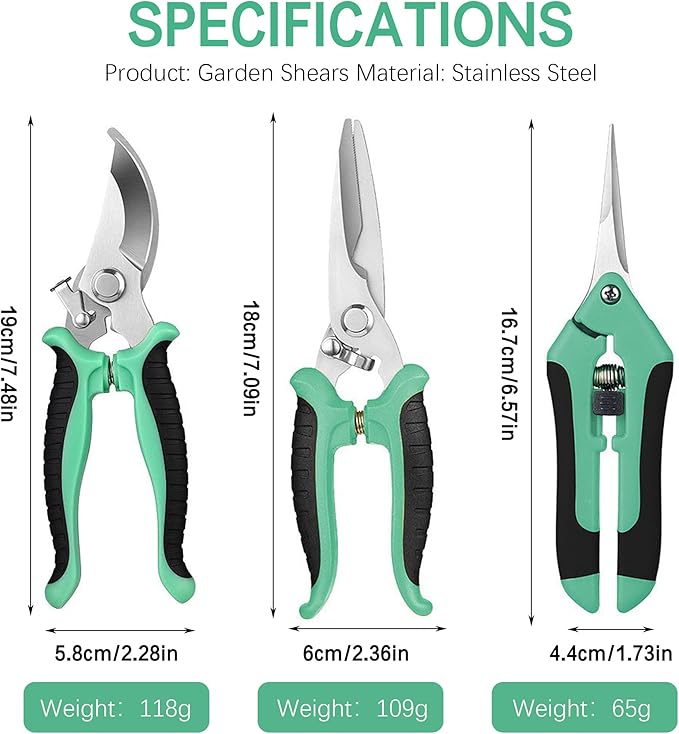 3PCS Garden Pruning Shears Set - Heavy Duty Bypass Pruners, Sharp Stainless Steel Gardening Scissors with Ergonomic Handle, Secateurs for Plants, Flowers, Fruit Trees, Bush Trimming (Green)