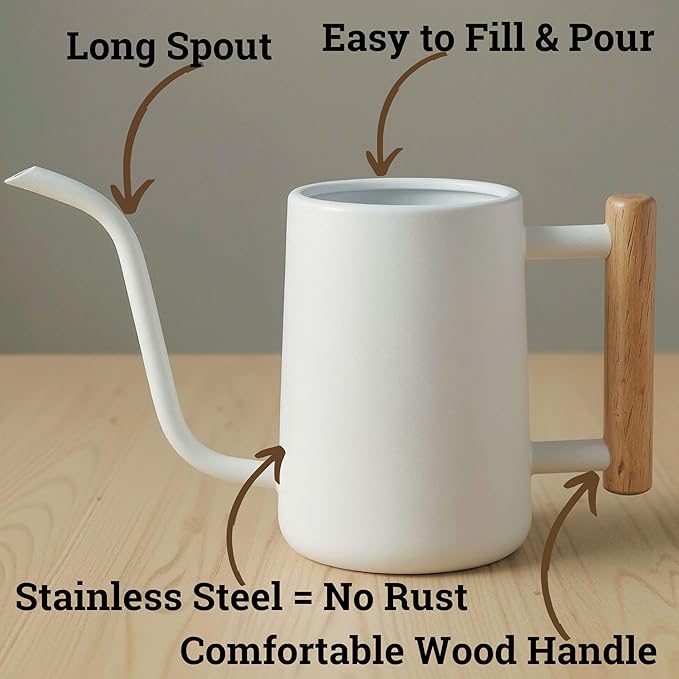 35 oz Metal Small Indoor Watering Can with Long Spout & Real Wood Handle for House Plants, Succulents, Cacti & Seedlings - White Long Spout Watering Can Indoor Plants - Stylish, Gentle Flow, No Spills