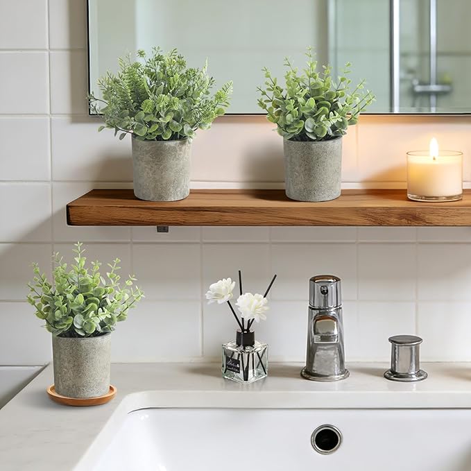 3 Pack Mini Potted Fake Plants Artificial Plastic Indoor Eucalyptus Plants for Home, Office, Desk, Bathroom, Coffee Table & Shelf (Light Green)