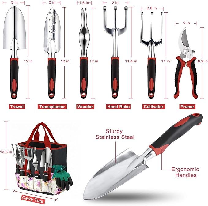 Garden Tools Set, 30 Piece Stainless Steel Gardening Kit with Vintage Floral Tote Bag, Non-Slip Ergonomic Rubber Handle, Ideal Gift for Women & Beginners, for Succulent, Home Garden, Mothers Day Gifts