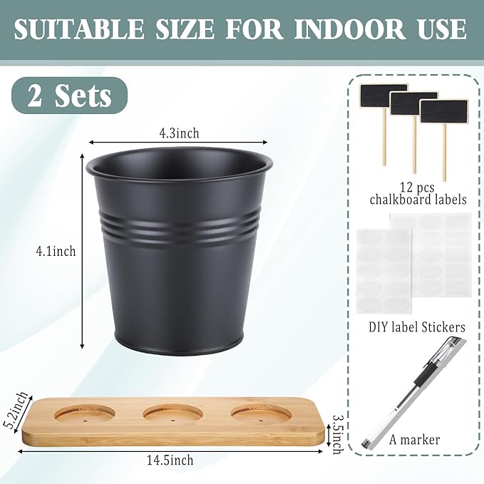 LemonRoad 6 Pcs Indoor Herb Planter Window Herb Pots for Kitchen with Drainage Hole and Bamboo Tray Farmhouse Metal Garden Planter Pot with DIY Label Mom Plant Gift(Black,Round)