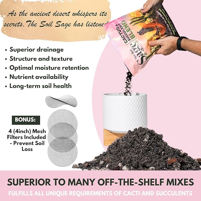 The Soil Sage 5 Dry Qt Cactus & Succulent Potting Soil Mix, USA Made - Gritty, Fast Draining, Soilless, Root Boosting, Peat-Free - Growth of Cactus, Succulents, Jade, Aloe Vera (5 Qt)