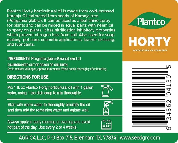 Horticultural Oil Concentrate for Plants and Trees - Cold-Pressed Karanja Oil Based Leaf Shine, Color Enhancer, Plant Growth Stimulator from Horty - 16 fl oz Spray Concentrate
