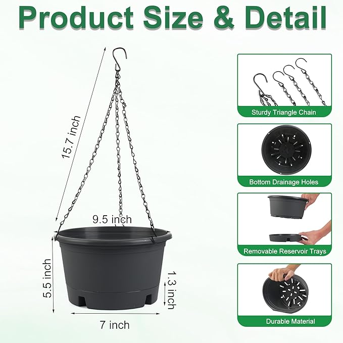 10 inch Hanging Planters, 4 Pack Hanging Baskets for Plants with Removable Trays & 15.7" Chain, Round Plastic Hanging Flower Pots for Home Garden Porch Balcony Patio Decor (Grey)