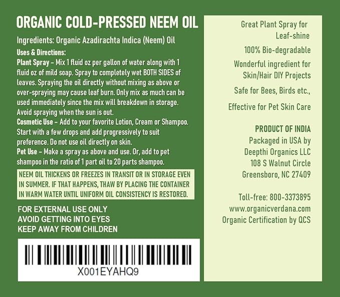 Verdana Organic Neem Oil – Cold Pressed, 100% Pure Neem Seed Oil, Concentrated Multi-Purpose Oil for Skin, Hair & Plant Use, No Additives - 32 Fl Oz