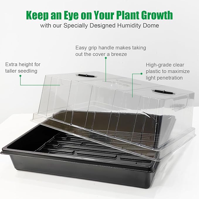 RooTrimmer 4-Pack Seed Starter Trays with 5'' Tall Humidity Domes – Reusable Plant Germination Kit for Microgreens, Herbs & Indoor Gardening | Clear Vented Lids, Fast Seedling Growth & Durable Design