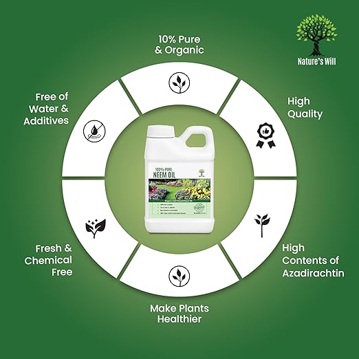 Nature's Will 100% Pure Organic Neem Oil, Cold Pressed and Unrefined, Water Soluble Concentrated, Non-GMO for Indoor and Outdoor Plants and Vegetable (32, Ounces)